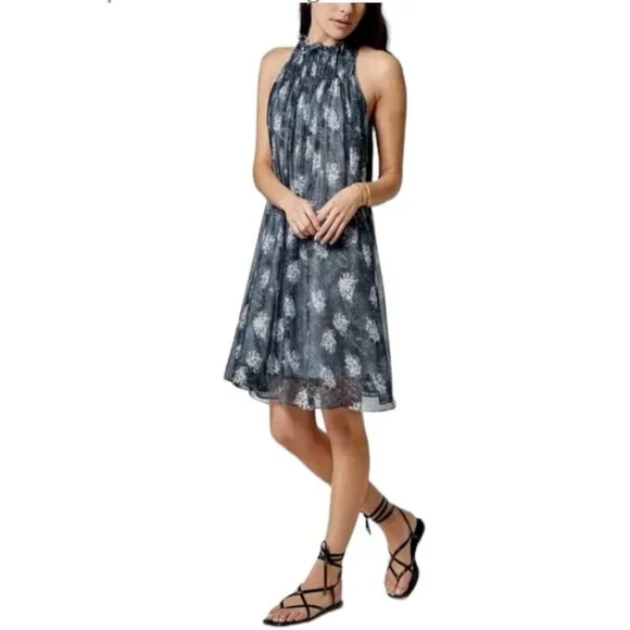 Joie SZL NWT Silky Navy Baltic Print smocked dress Dressy Office Boho Romantic - Picture 2 of 13